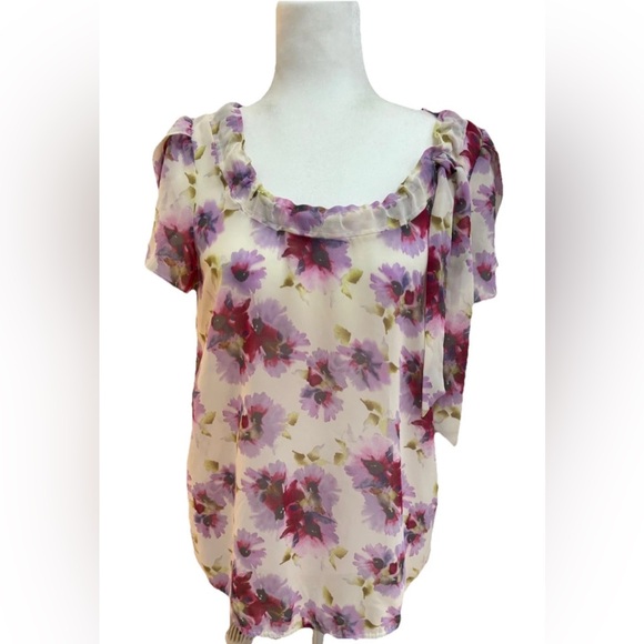 Loft Sheer Cream and Purple Floral Print Blouse with Side Tie Women’s Medium - Picture 1 of 7